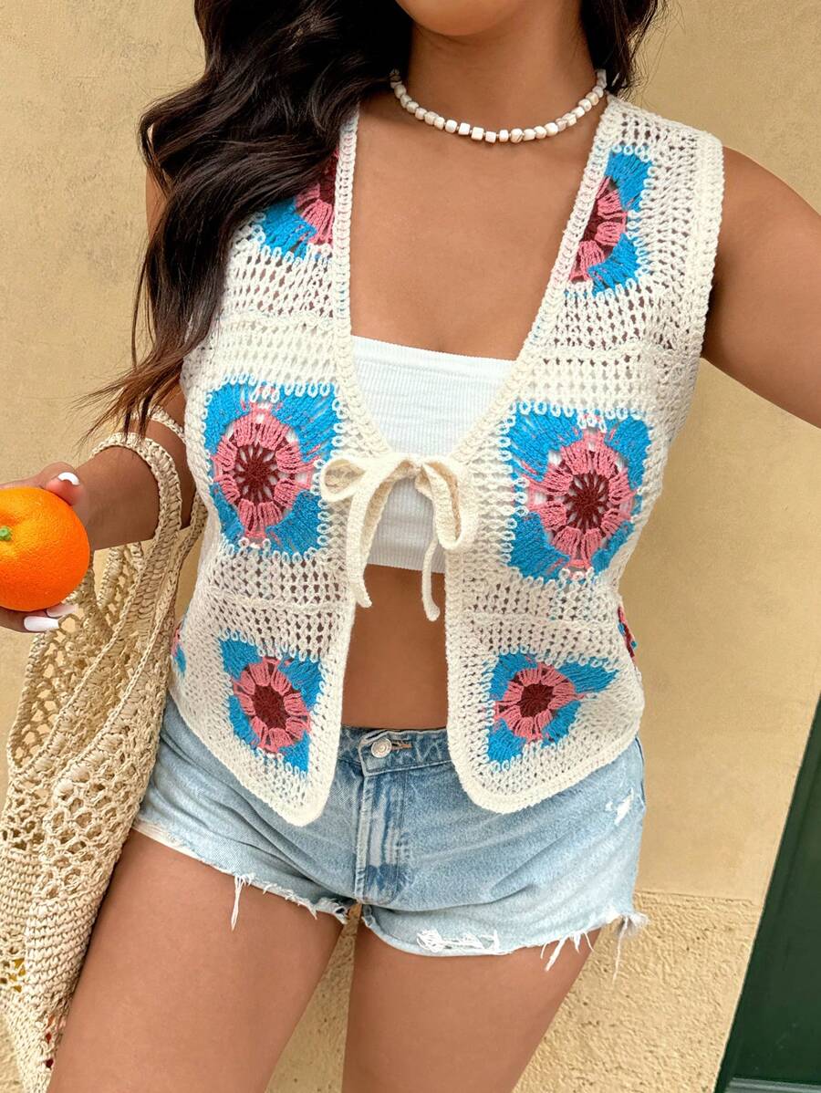 SHEIN VCAY Plus Size Contrast Color Hollow Knitted Top, Casual & Vacation - Multicolor - View 1