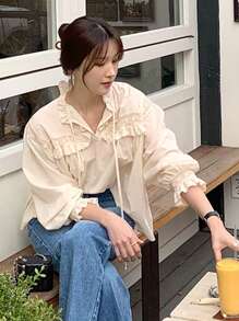 DAZY 女士蕾丝拼接荷叶边系带长袖优雅衬衫，春夏秋季女装