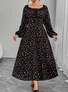 Modelyn Plus Size Woven Printed Fitted Ruched A-Line Dress - Black - View 4