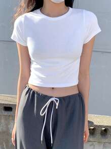 DAZY Camiseta corta de tela sólida, estilo preppy - Blanco - Ver 3