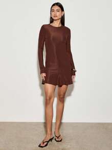 AiiRZ Ribbed Knit Godet Mini Dress Long Sleeve Fall Winter Bodycon A-Line Flare Bottom Party Club Night Out Special Occasion Statement Fashion - Brown - View 4
