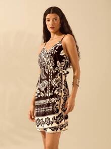CAJUNI Vestido corto de verano casual con estampado de palmera tropical negra y envolvente con correas para mujer - Multicolor - Ver 7