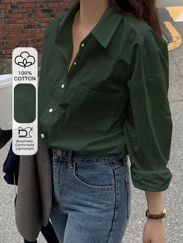 Women Casual Dropped Shoulder Loose Pocketed Long Sleeve Shirt, Spring Autumn