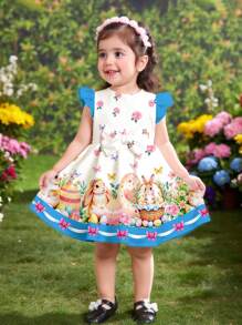 SHEIN Leap Crew Easter Style, Adorable Bunny & Easter Egg Party Pattern Baby Girl Sweet Bow Cartoon Print Long Sleeve Dress, Suitable For Spring/Summer - Multicolor - View 1