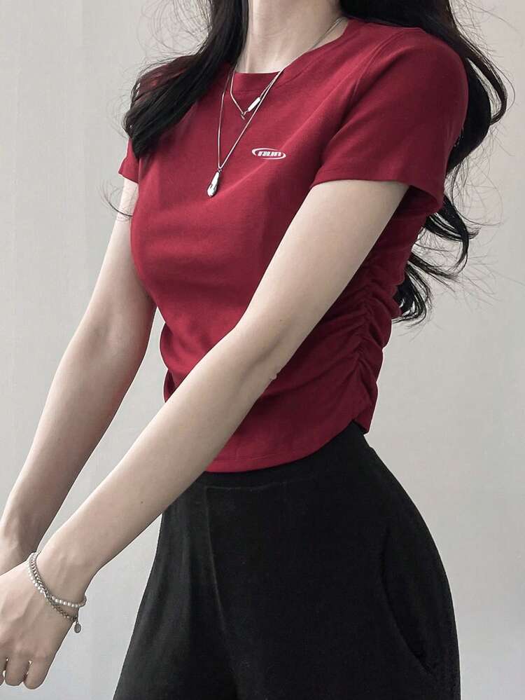 Letter Graphic Ruched Side Crop Tee