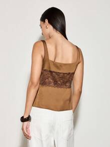 AiiRZ Elegant Satin Camisole With Delicate Lace Trim Detail Evening Cami Top Luxurious Lounge Wear Tank Dressy Sleeveless Blouse For Special Occasions