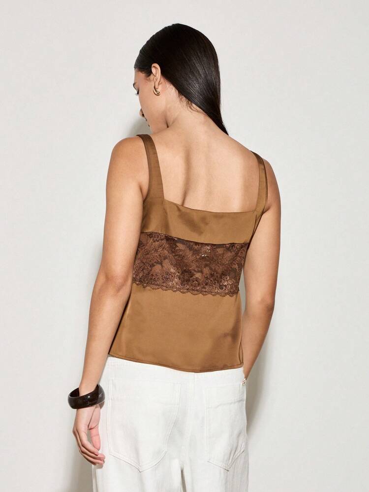 Satin Sleeveless Camisole With Lace Trim