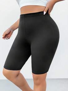 SHEIN EZwear Plus Size Women's Biker Shorts,Black High Waist Short Leggings,Spring Summer Clothes - Black - View 7