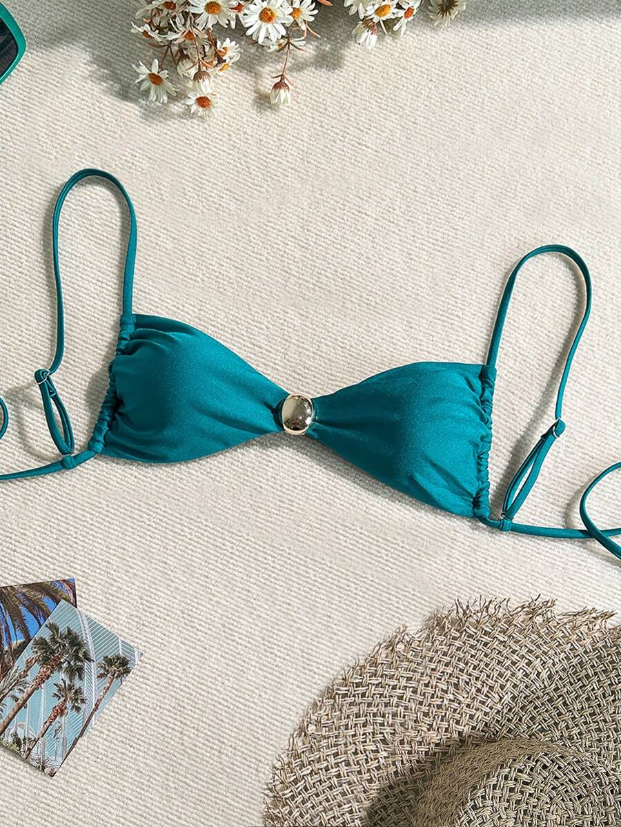 SHEIN Swim Women Solid Color Gold Circular Ornament Spaghetti Strap Beach Bikini Top - Teal Blue - View 1