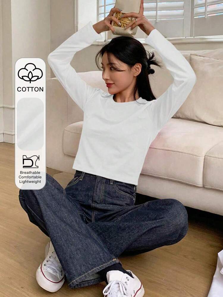 Women's Solid Color Round Neck Long Sleeve Casual Loose T-Shirt, Spring & Summer