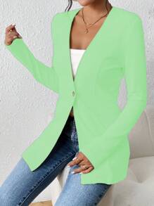 Chiquease Women's Solid Color Collarless Cinched Waist Casual Jacket - Olive Green - View 5