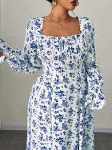 Elenzga Đầm cổ vuông dài tay họa tiết hoa cỡ lớn, thanh lịch và thời trang - Màu xanh lam - Xem 3