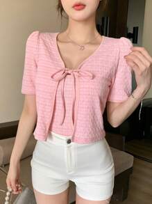 DAZY Conjunto de 2 piezas con top corto con nudo delantero y top tipo camisola para mujeres, primavera/verano