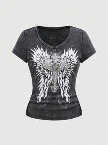ROMWE Grunge Punk Damen Kreuz Flügel Strass & Säuregewaschenes Figurbetontes T-Shirt
