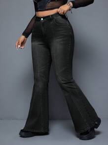 SHEIN ICON Plus Size Front Button Multiple Pockets Casual Denim Jeans - Black - View 5