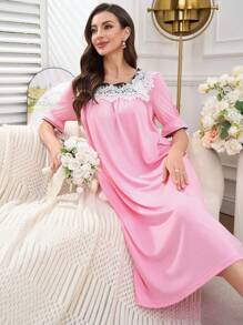 Lose Spitzen Patchwork Farbblock Damen Nachthemd, romantischer Stil aus Südfrankreich - Pink - Übersicht 4