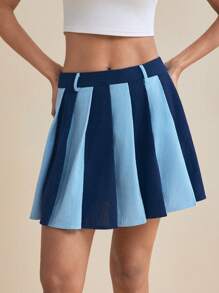 Qu Anne Designer Contrast Blue Corduroy Pleated Mini Skirt - Blue - View 6