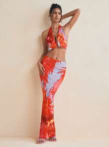 Eva Novielli Top con cuello de halter de malla con estampado en rojo de vacaciones, con relleno, parte posterior con lazo, parte superior de primavera-verano para mujer, para vacaciones de primavera, ajustado a Ibiza
