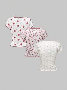 ROMWE Kawaii 夏季休闲碎花弹力修身系带蝴蝶结宽松 T 恤，适合女士度假和海滩 - 白色 - 查看 2