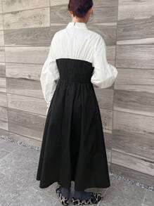 FRIFUL 女士拼接撞色中长连衣裙，秋季长袖连衣裙，及地长裙 - 黑色 - 查看 3