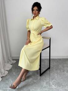 Elenzga Đầm thời trang phong cách Pháp thanh lịch, cổ tròn, buộc chéo, tay bồng, hở phía trước, màu hoa mao lương, dành cho nữ, mùa xuân/hè - Màu vàng - Xem 5