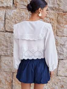 Maija Women's White Embroidered & Laser Cut Collared Top With Ruffle Sleeve Cuffs & Hem, Tie Front, Fashion Casual Beach Vacation Bohemian Style Blouse