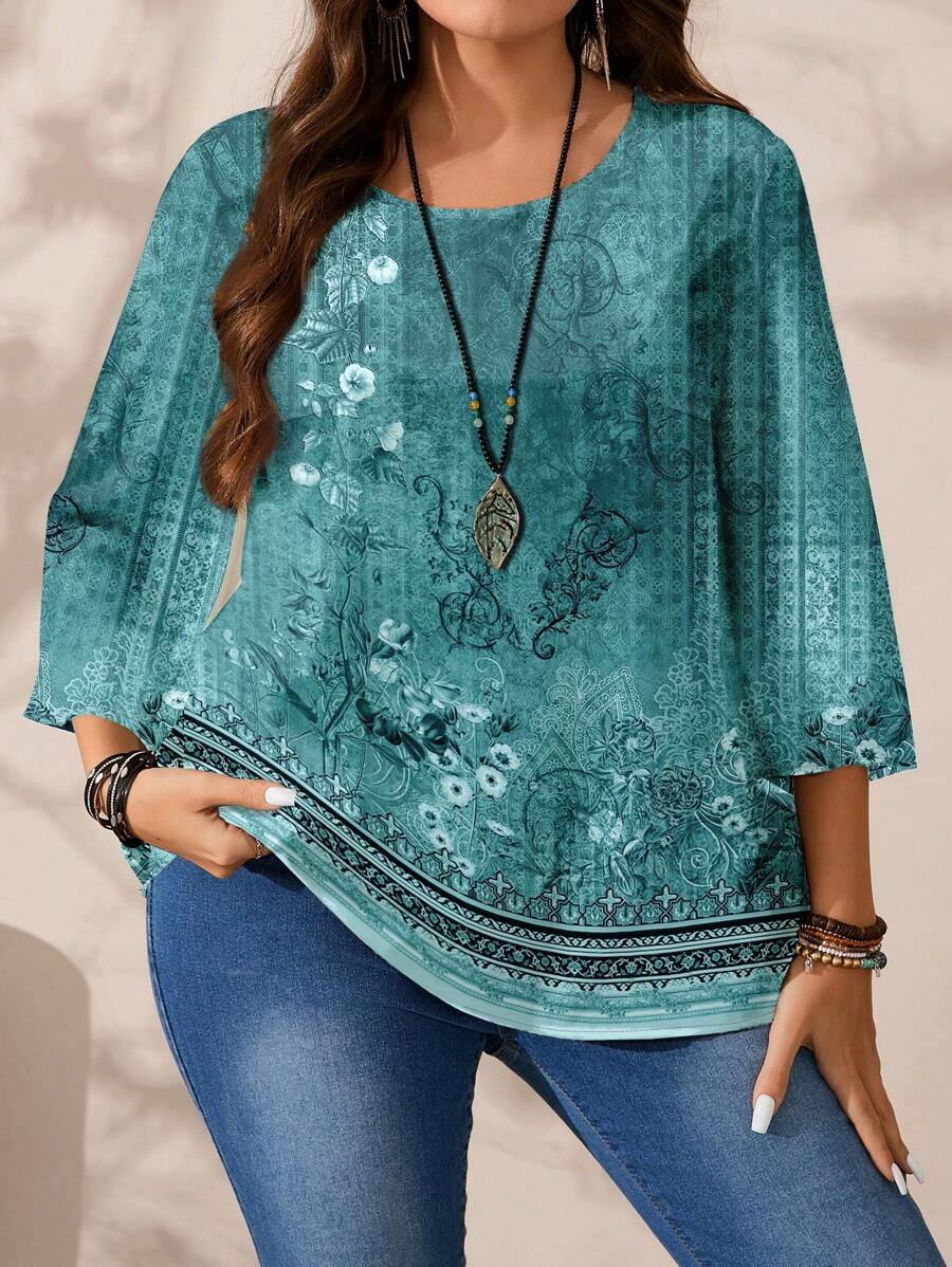 EMERY ROSE 大码女式休闲全印花圆领宽松 3/4 袖衬衫，秋冬款