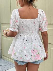Franclia Blusa elegante con corte láser y bordado con lazo delantero para mujer talla grande
