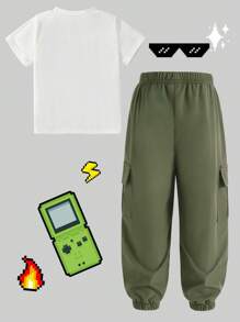 SHEIN Young Boy Solid Color Drawstring Cargo Pants And Round Neck Short Sleeve T-Shirt Set Summer Holiday - White - View 5
