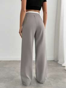 SHEIN PETITE Petite Women Side Striped Detailed Wide Leg Pants - Grey - View 2
