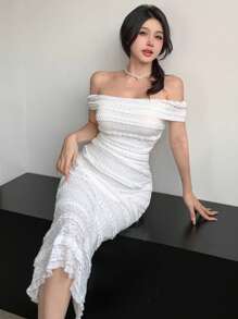 DAZY Damen Off-Shoulder Spitzenkleid für Partys, Hochzeiten, Geburtstage, Homecoming, elegantes Sommerkleid für Hochzeiten