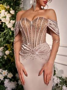 Glamrae Váy đuôi cá xếp nếp bằng vải satin co giãn đính đá Rhinestone sang trọng thanh lịch, thích hợp cho đám cưới, tiệc tùng, kỳ nghỉ, vũ hội, sự kiện trang trọng, váy dự tiệc, váy dự tiệc cưới, váy dạ hội - Màu Khaki - Xem 2