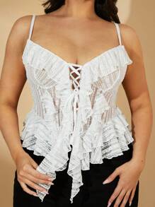 SHEIN BAE Plus Size Summer White Lace Sexy See-Through Multi-Layer Ruffle Decor Front Lace-Up Beach Vacation Women Cami Top,Concert ,Graduation - White - View 4