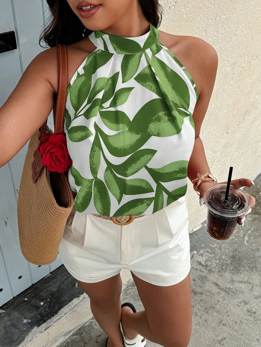 SHEIN Clasi Plus Size Women Plant Print Casual Halter Neck Shirt For New Year Clothes - Multicolor - View 1