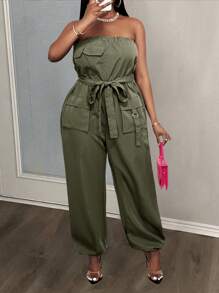 Slaydiva 2025 New Versatile Simple Casual Street Strapless Sleeveless With Belt Waisted Decorated Multiple Cargo Pockets Overall Shorts, Plus Size