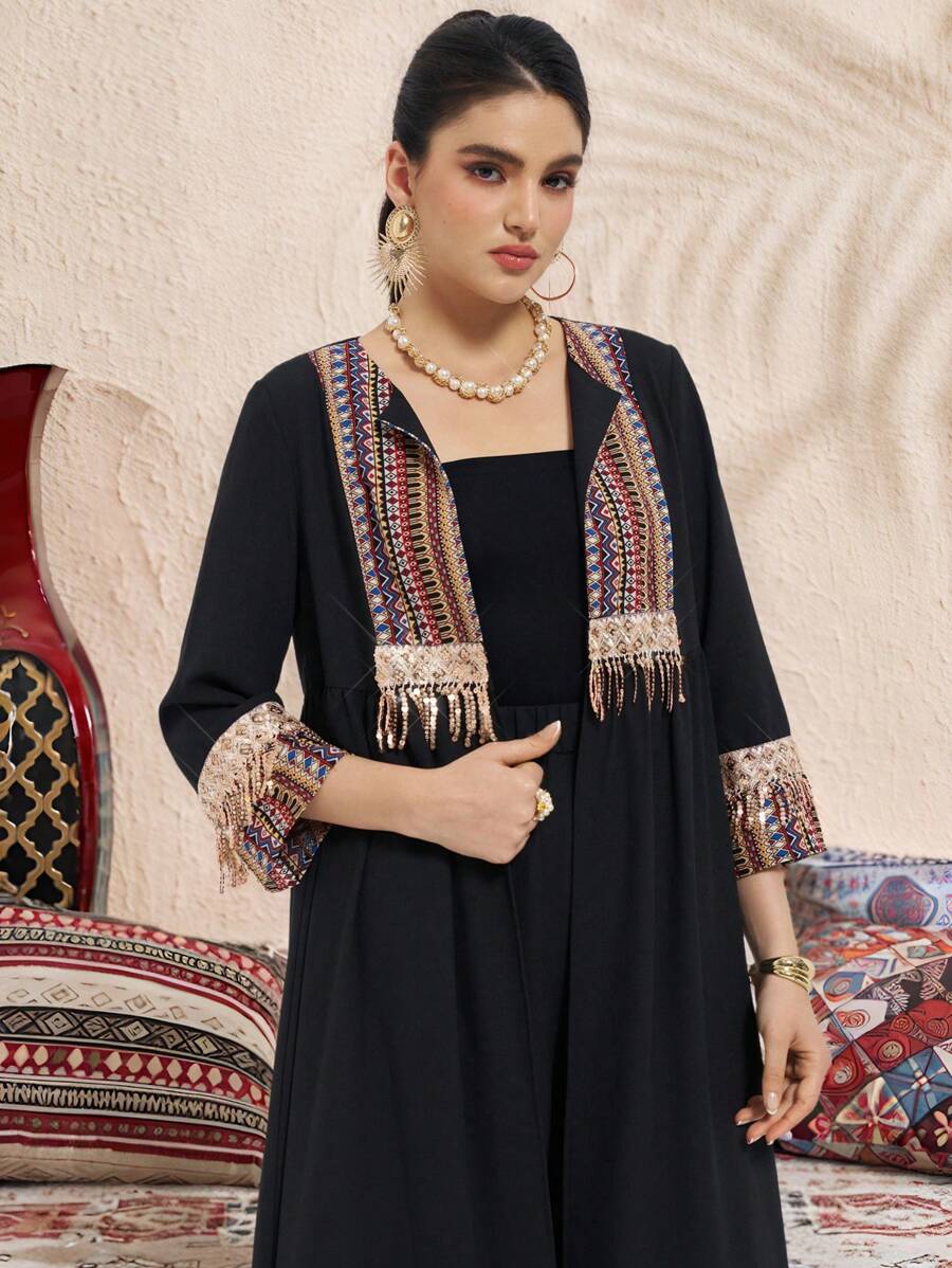 Al Najma 2pcs Women Solid Color Patchwork Simple Jacket & Dress Set