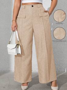 Vionelle 大码女式纯色前口袋休闲裤 - 杏色 - 查看 1