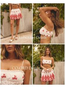 Aralina 两件套刺绣短款上衣和迷你裙套装，女士休闲度假装 - 紅色 - 查看 9