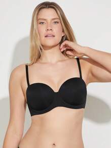 LUVLETTE 女士内衣黑色透气无肩带隐形无缝聚拢钢圈T恤内衣外穿基本款半罩杯文胸