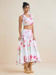 Miriam Omar Designer Women Floral Printed Crop Top With High Waist A-Line Skirt Set Elegant Romantic Spring And Summer Two-Piece Vacation Outfit, Spring Break, Ibiza Fits - Multicolor - View 4