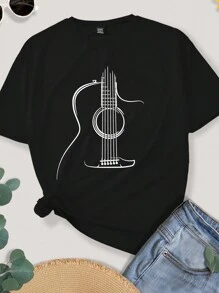 INAWLY 宽松版型女式超大号原声吉他图案印花 T 恤