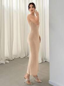 Aloruh 1 件女士简约优雅纹理细肩带吊带连衣裙，夏季 - 卡其色 - 查看 4