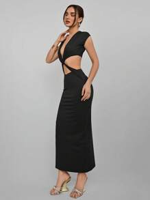 Aloruh Women's Solid Color Deep V-Neck Hollow Waist Fitted Mid-Length Dress - Black - View 3