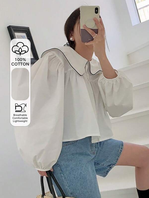DAZY Contrast Binding Statement Collar Lantern Sleeve Shirt,Fall Women Clothes
