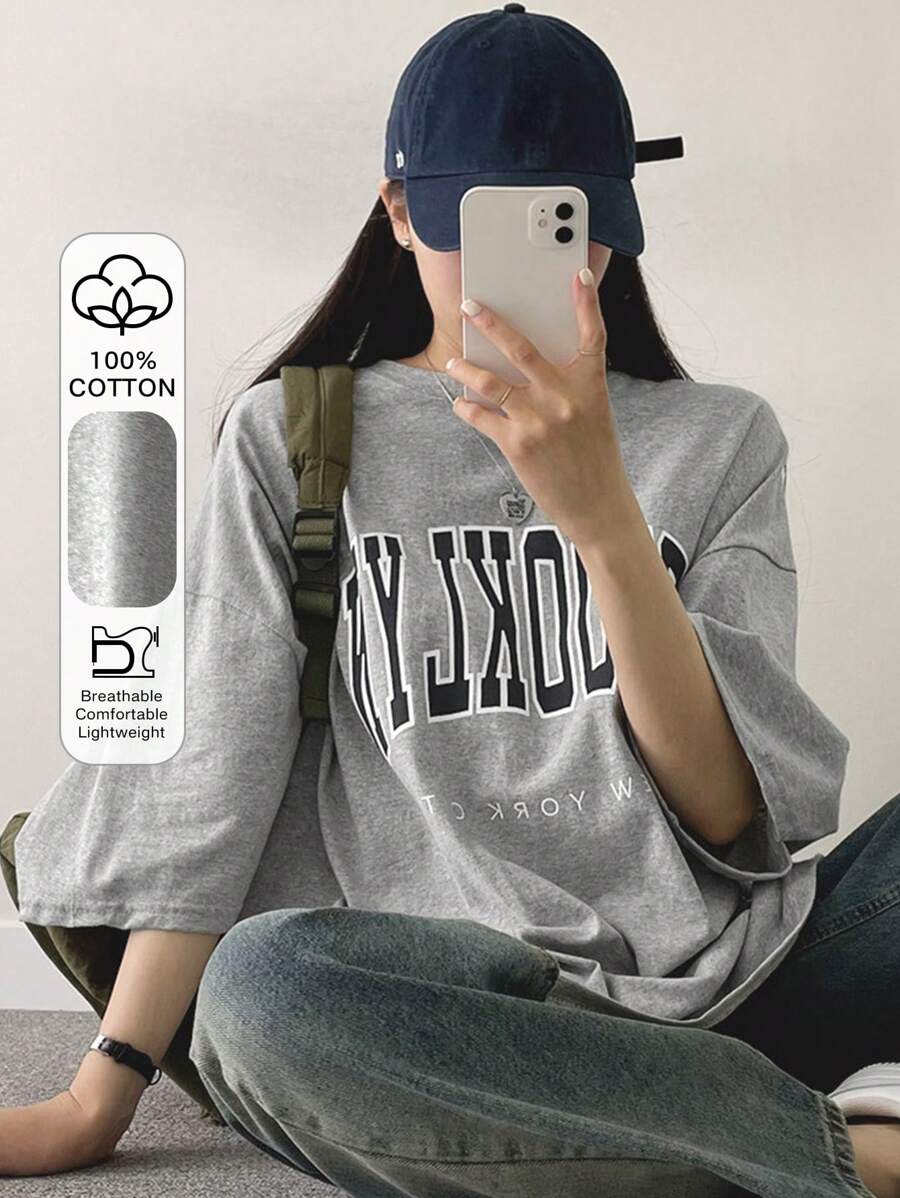 DAZY Letter Graphic Drop Shoulder Tee Oversized T-Shirt Streetwear - Grey - View 1