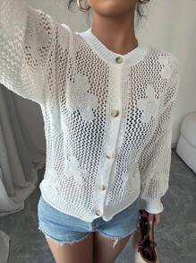 Chiquease 女士落肩常规休闲宽松圆领花卉镂空纽扣薄袖口和下摆春夏开衫 - 白色 - 查看 4