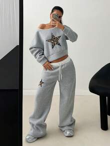 CasuGlow Women's Oblique Shoulder Sweatshirt And Contrast Waistband Drawstring Long Pants, Leopard Print And Star Patch Design, Casual Street Style 2 Piece Set Tracksuit - Grey - View 5