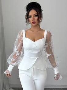 Elenzga 2025 秋季新款 3D 花卉网眼拼布衬衫，法式时尚修身长袖全白衬衫，适合通勤、度假、约会、郊游、花园、家庭聚会、劳动节、节假日、独立日、返校、教师节、万圣节、感恩节秋季 - 白色 - 查看 5