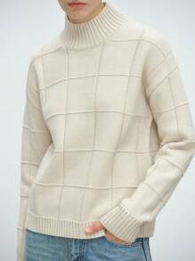 SHEIN LUNE 32%羊毛高领宽松格纹毛衣，女士秋冬针织套头衫 - 卡其色 - 查看 6