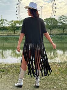 Flirla Festiwal, Boho, Hippie, Cowgirl, Old Money Style Damska letnia nowa jednokolorowa nadrukowana okrągły dekolt frędzlami na dole krótki rękaw luźna koszulka